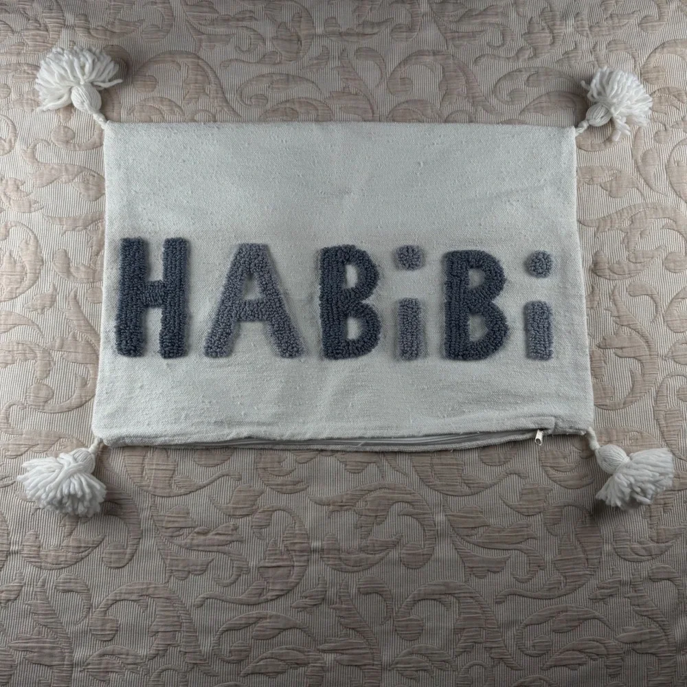 Habibi Tufted Tassel Lumbar Pillow Cover Off-White Grey Woven Boho 12x20
